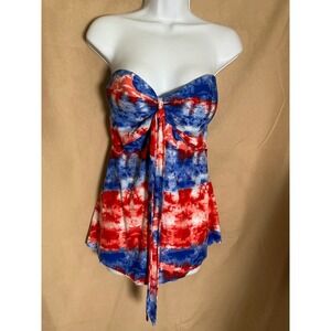 No Boundaries Strapless Top Women XXXL Red Blue Tie Dye Excellent Bow Front Boho